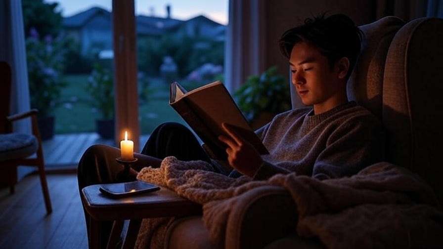 Cozy living room with person reading by candlelight, no screens, promoting relaxation.