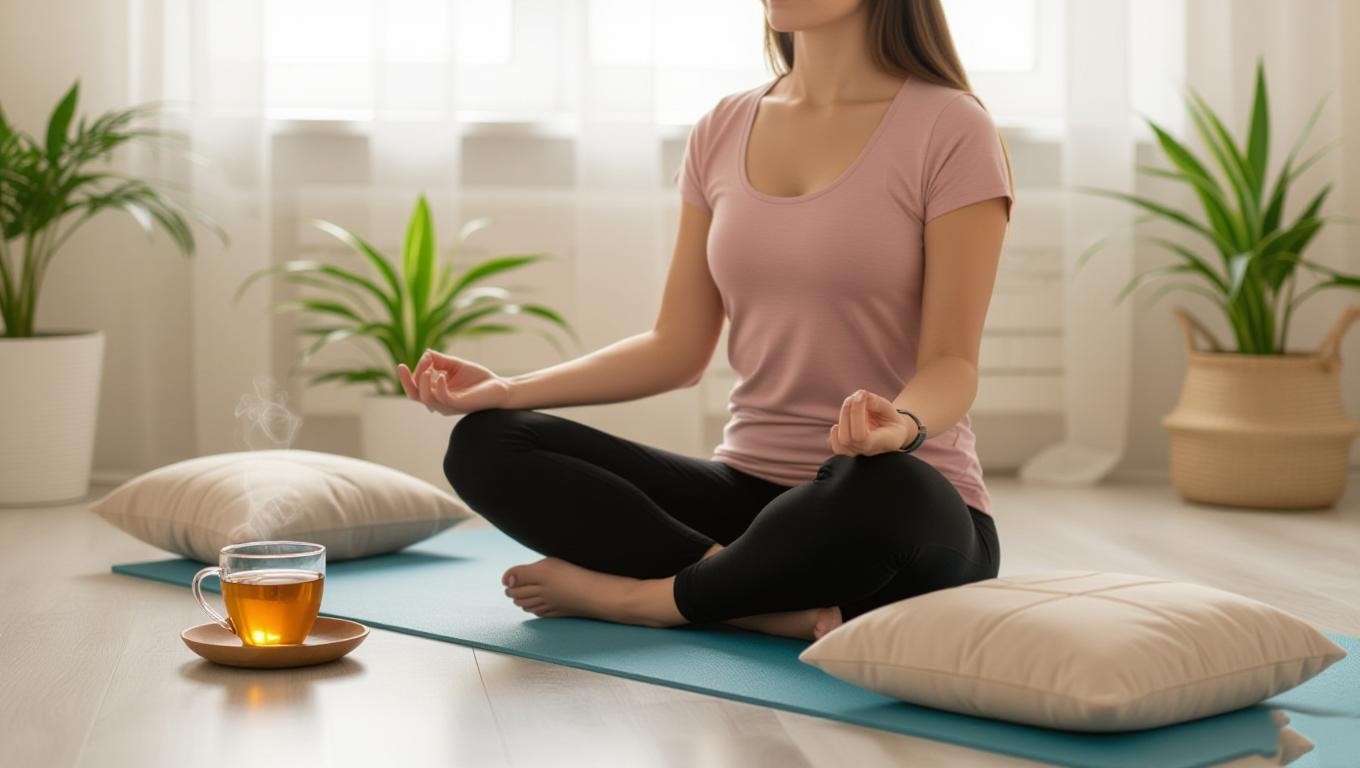 Person practicing diaphragmatic breathing with herbal tea in serene room