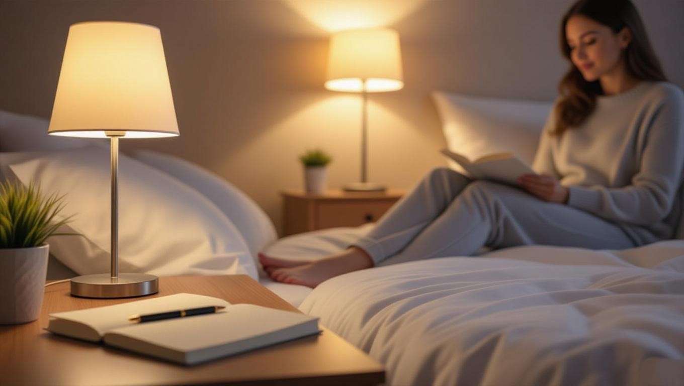 Cozy bedroom with journal and lamp for Luminous Mysteries Meditation nightly routine.