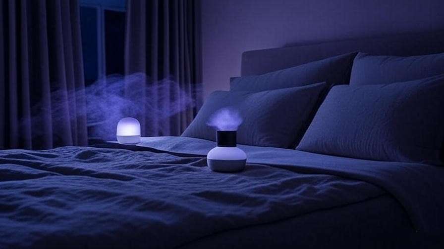 Cozy bedroom with lavender diffuser and blackout curtains for better sleep.