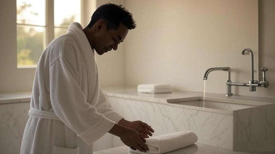 Person performing wudu in a serene bathroom with running water and soft light, symbolizing purity for blessed sleep with Allah.