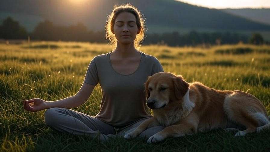 Person meditating with dog nearby, illustrating mindfulness practices for pet bonding and well-being.