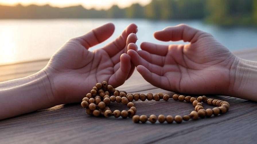 Hands practicing breathwork with Rosary beads and serene lake background.