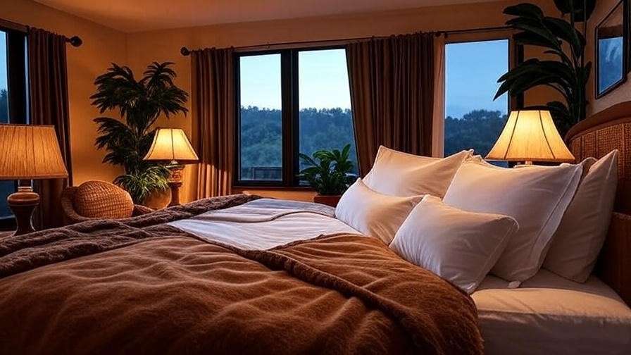 Serene motel room with plush bedding and blackout curtains for better sleep at Sleep Woodstock Motel.