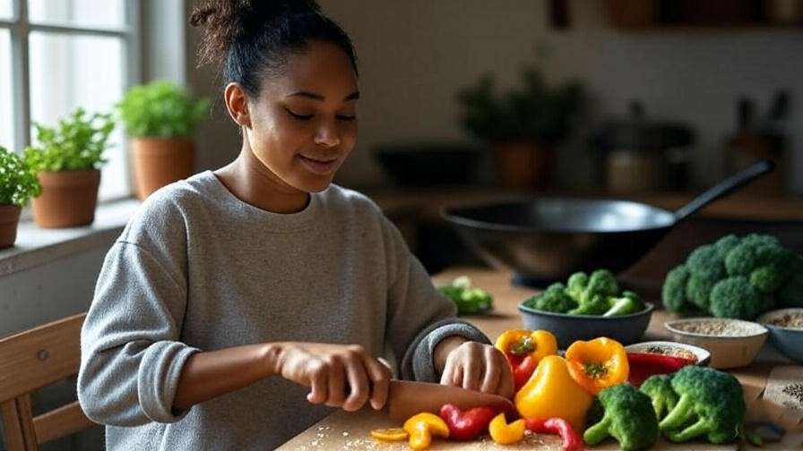 A person chopping bell peppers and broccoli for a mindful happy wok menu prep in a serene kitchen.