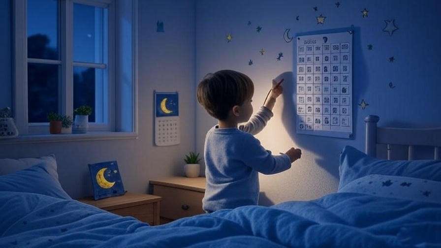 Child marking sleep countdown chart with moon stickers in cozy bedroom