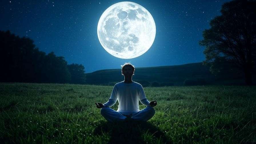 Person meditating under a full moon in a serene night landscape for sleep and peace.