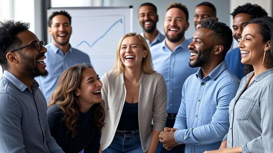 Diverse employees laughing in an office with a productivity graph and cheerful decorations.