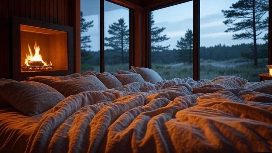 Cozy cabin interior with fireplace and bedding at Sleeping Bear Dunes, ideal for sleep and relaxation.