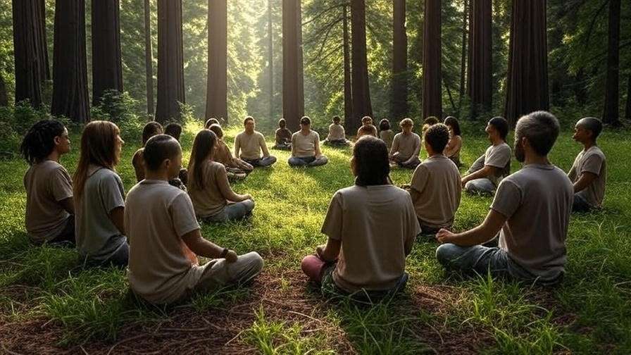 Group meditation in a Lagunitas forest clearing, promoting community well-being.
