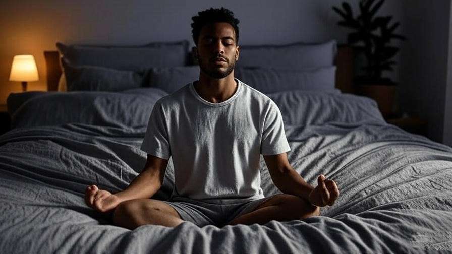 Person meditating on bed for better sleep with warm lighting