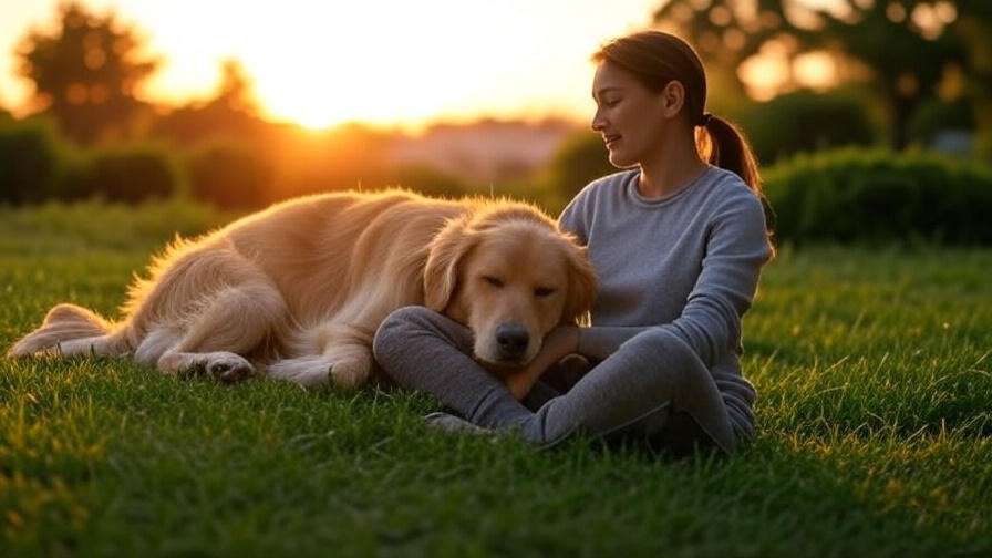 Person practicing mindfulness with sleeping dog at sunset, highlighting pet-owner bond.