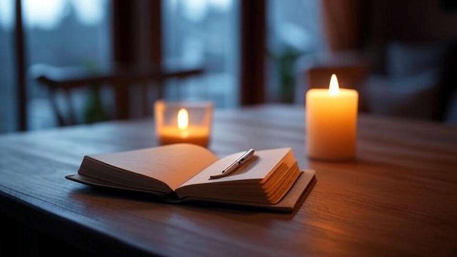 Journal and candle on a table with nature view for tracking grounding meditation benefits.