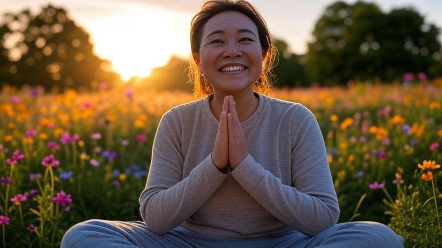 Person expressing gratitude outdoors with sunrise and flowers.