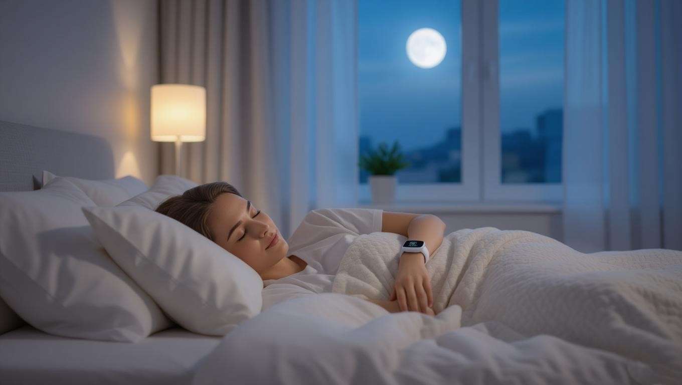 Peaceful sleep scene with Medit i900 wearable device enhancing rest.