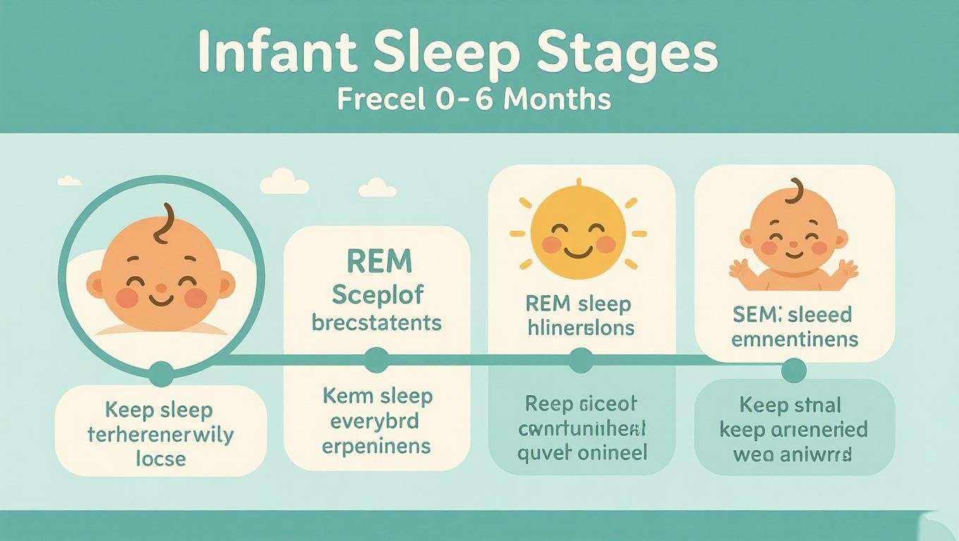 Infographic timeline of infant sleep stages and developmental milestones