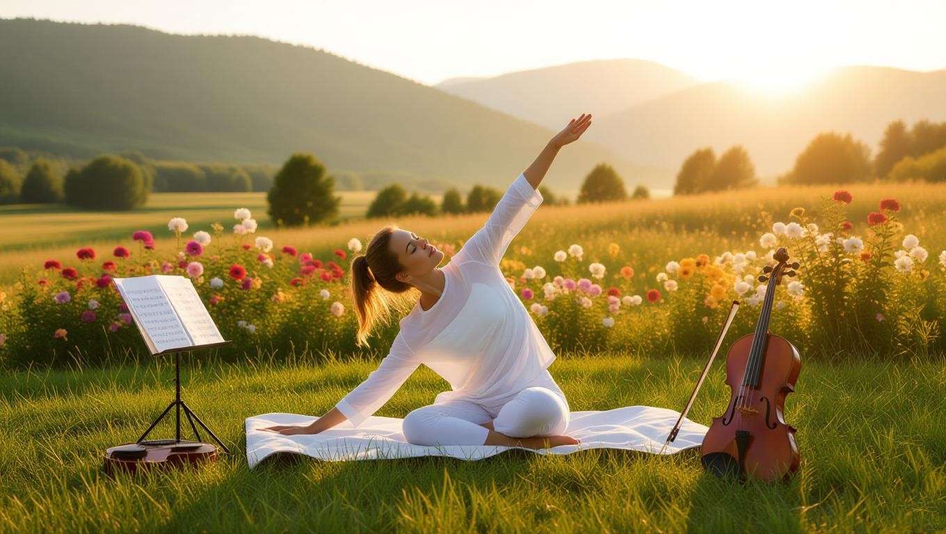 Yoga session with Meditation by Thaïs sheet music and violin in a serene landscape.