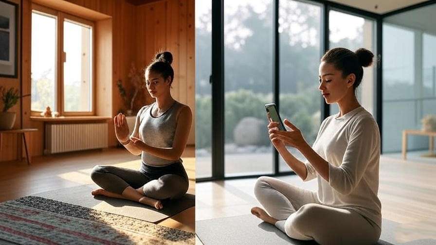 A split-screen image of yoga practice and meditation with a smartphone app as TM alternatives.