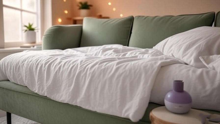 Serene sleep nook with a sage green velvet sleeper sofa and calming decor. 