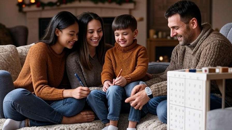 Family marking shared countdown calendar in cozy living room
