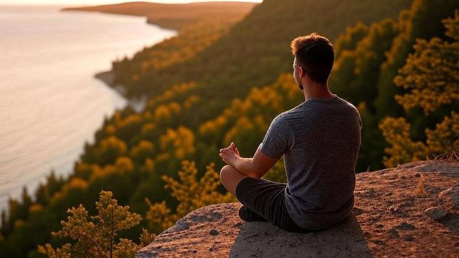 Hiker meditating on Empire Bluff Trail with Lake Michigan and Sleeping Bear Dunes view.
