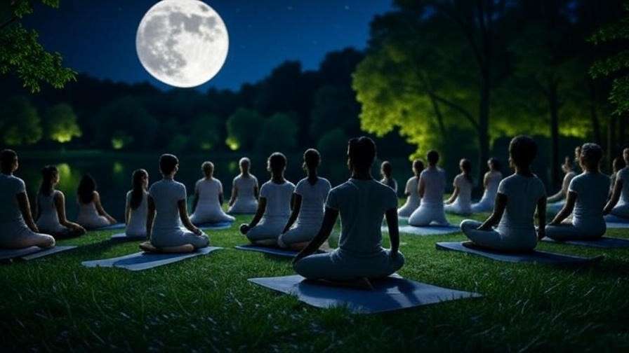 Group meditating and doing yoga under full moon with lake reflection for holistic health.