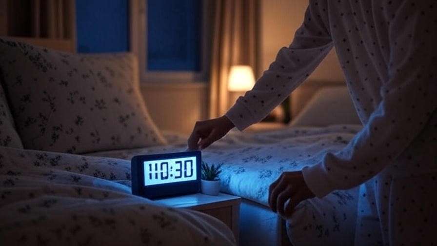 Digital clock and alarm setting for consistent sleep schedule.