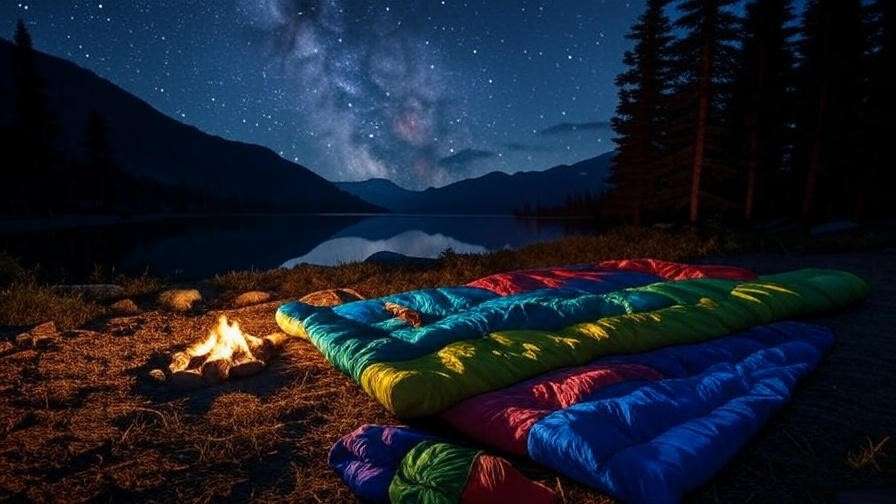 Colorful summer sleeping bag by campfire with lake and starry sky in a campsite.
