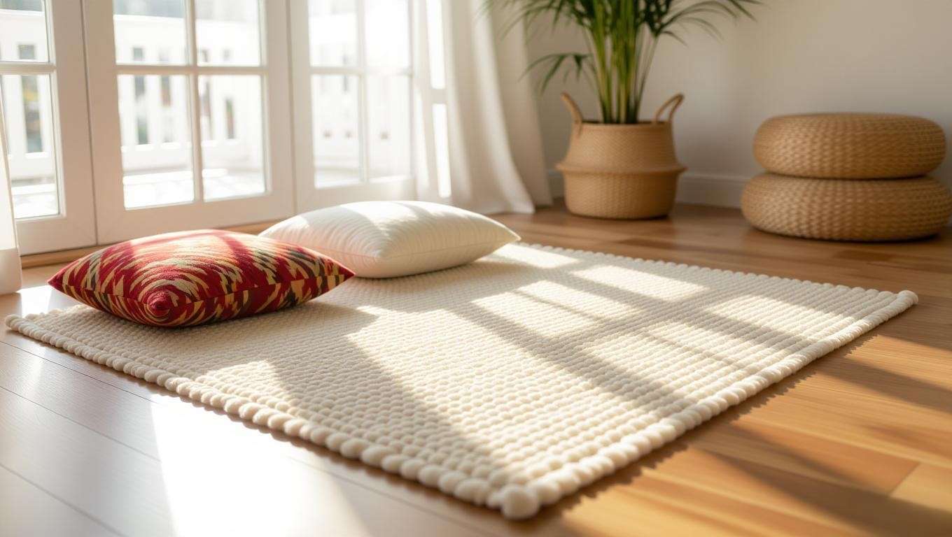 Close-up of meditation rug materials like wool, cotton, and jute on a wooden floor.