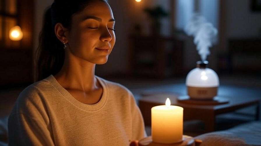 Person meditating with sleeper earrings and diffuser for relaxation.