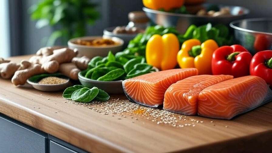 Fresh ingredients for a happy wok menu including salmon, bell peppers, spinach, ginger, and sesame seeds in a serene kitchen setting.