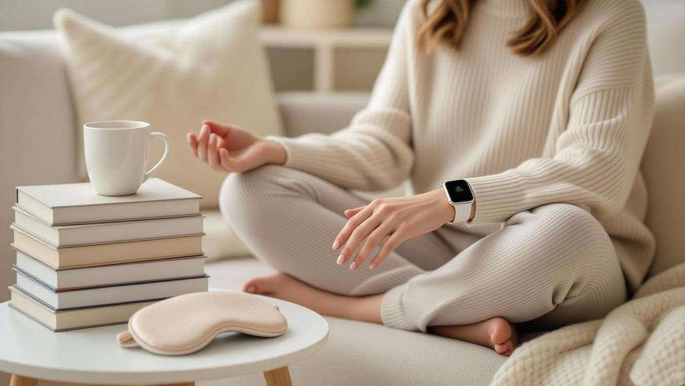 Person meditating with smartwatch and sleep mask, stack of wellness books for sleep tools.
