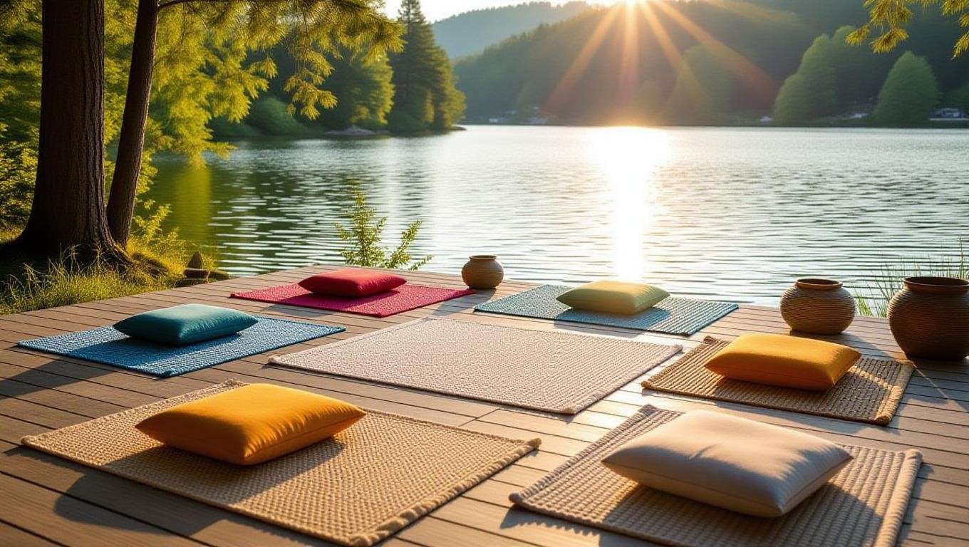 Variety of meditation rugs for different practices by a serene lakeside.
