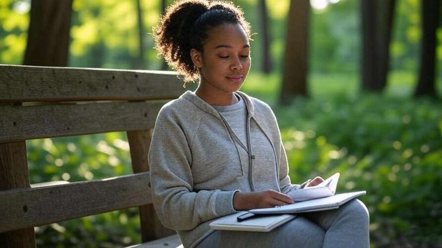 Person journaling outdoors after meditation in a peaceful natural setting.
