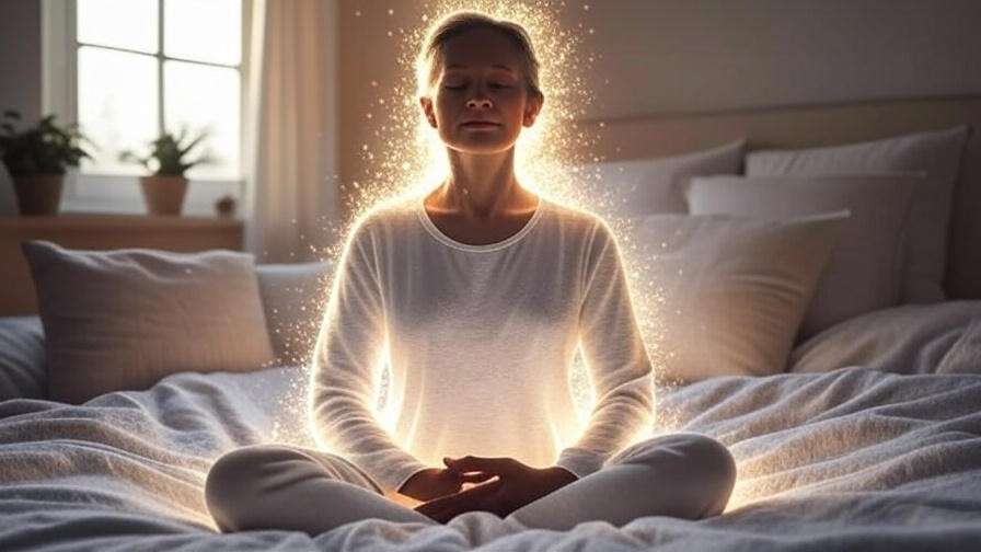 Person meditating with radiant white light on a cozy bed, promoting holistic wellness.