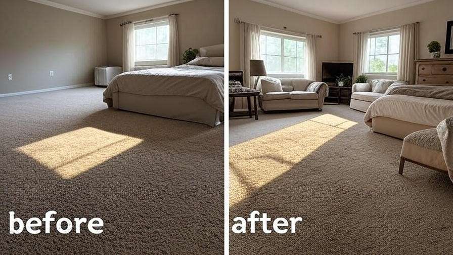 Before-and-after bedroom transformation with Dream Weaver Carpet installation.