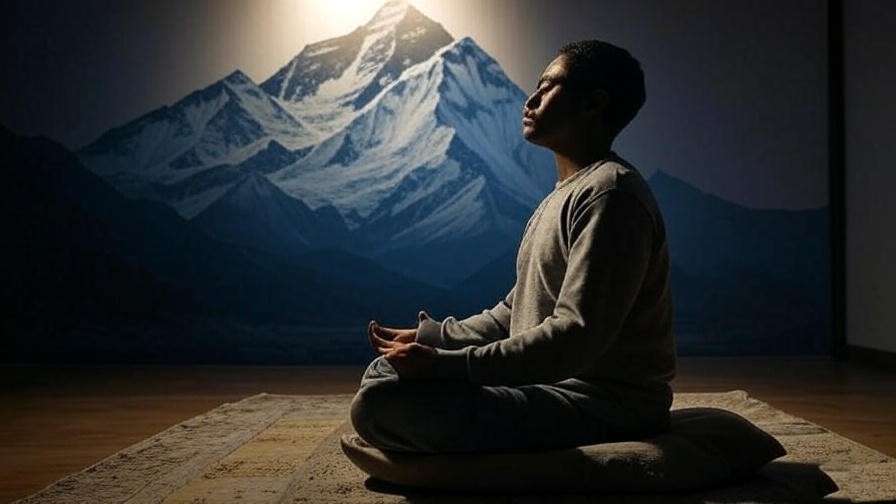 Person meditating with Sleeping Beauty Everest Face Photo on wall for guided sleep visualization.