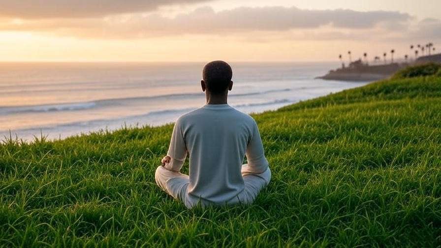 Person meditating at sunrise in Bluff Park overlooking the Pacific Ocean in Long Beach.