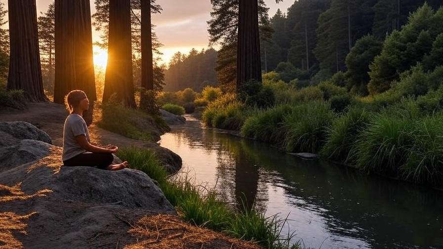 Person meditating by a creek in Lagunitas at sunset with golden hues.