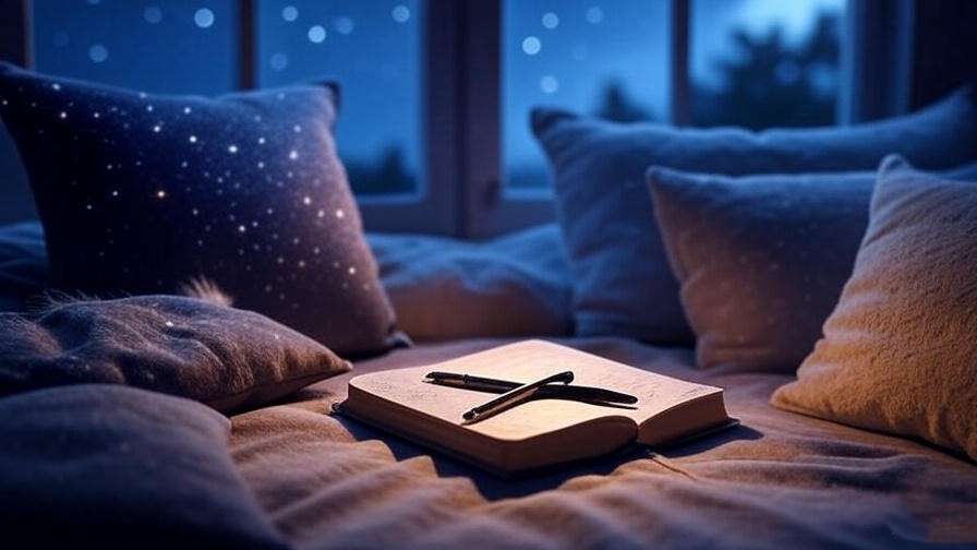 Open dream journal on bedside table with starry night view for dream recall.