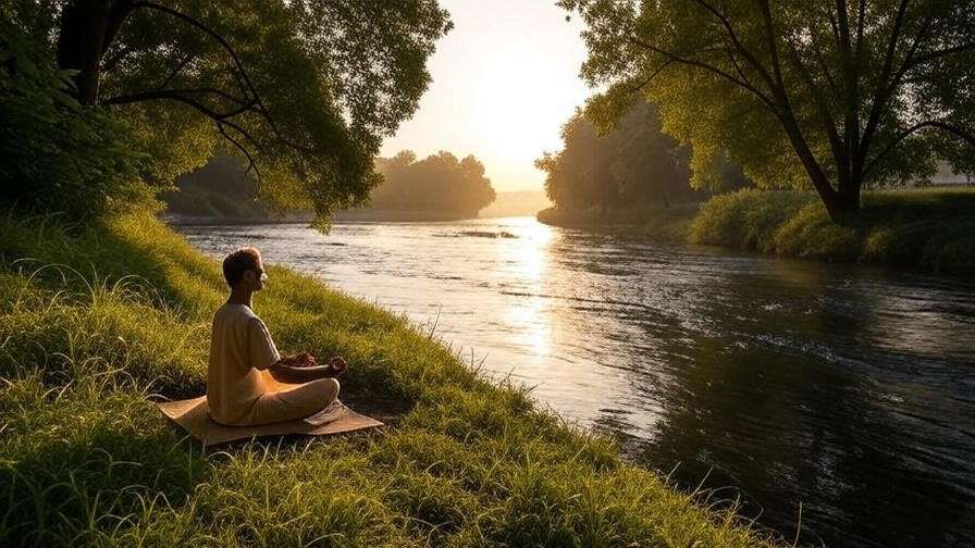 Person meditating by a peaceful riverside with flowing water and green trees at sunrise.