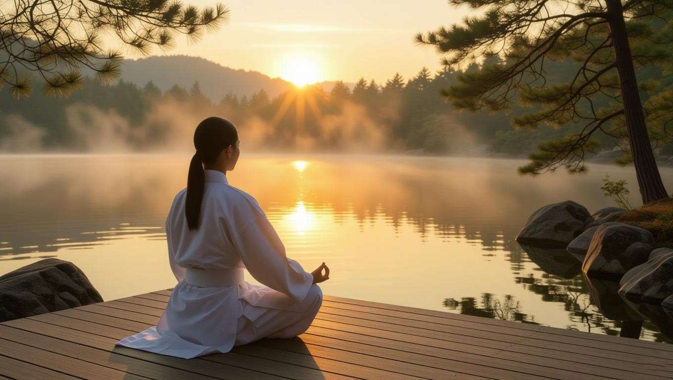 Martial artist meditating on a wooden deck by a misty lake at sunset