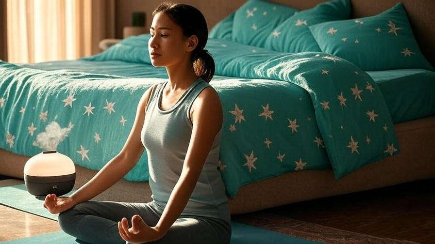 Mindfulness scene with Gloriana’s Dream Collection Stars Turquoise Fabric bedding and a diffuser.