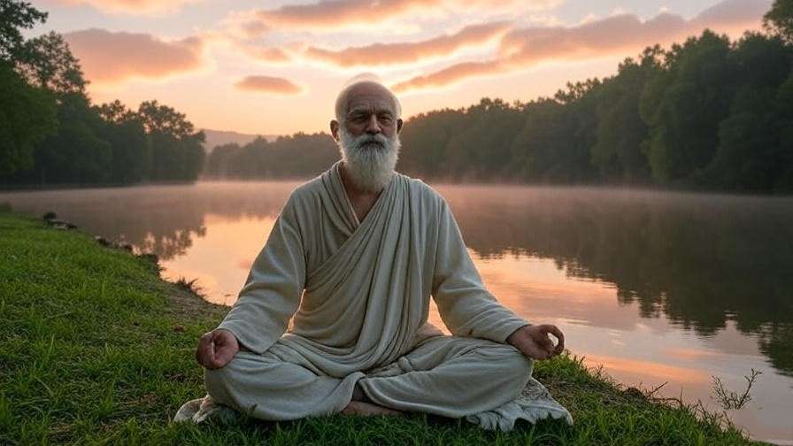 Elder meditating by a lakeside at sunrise, symbolizing elders meditation of the day and inner peace.