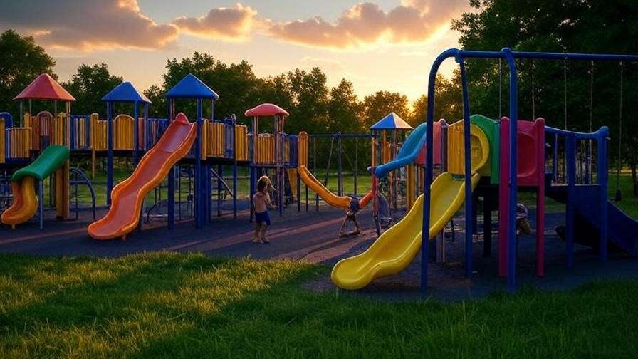 Vibrant playground with slides and swings under a sunset sky in a dream park setting. 