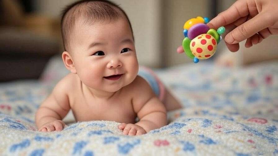 Baby practicing tummy time exercises to build rolling strength and prevent sleep risks. 