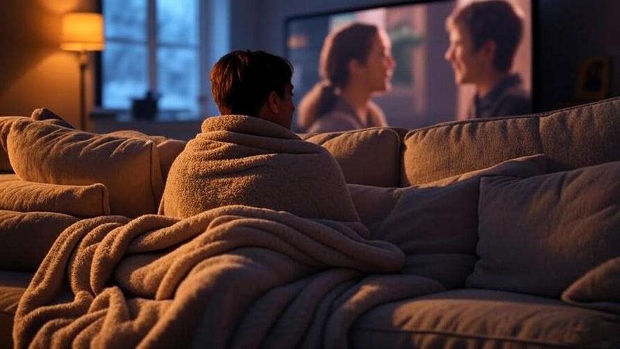 Cozy movie night with a person under a blanket watching a romantic comedy on TV with warm lighting.