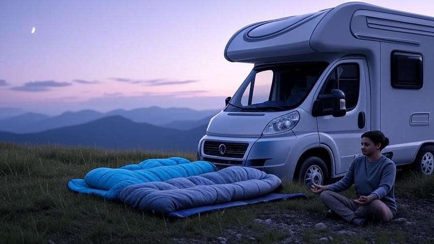 Camper meditating beside a summer sleeping bag under a twilight sky.