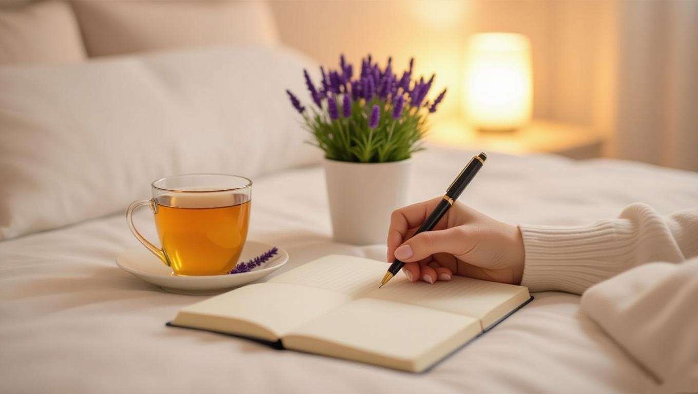Person journaling by bedside with chamomile tea and lavender plant for emotional sleep support.