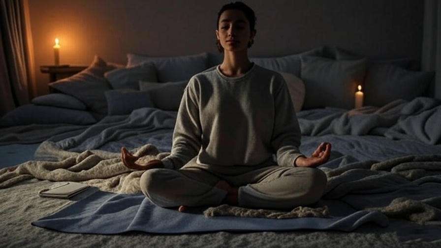 Person meditating in a serene bedroom with candles and a notebook for a pre-sleep routine.
